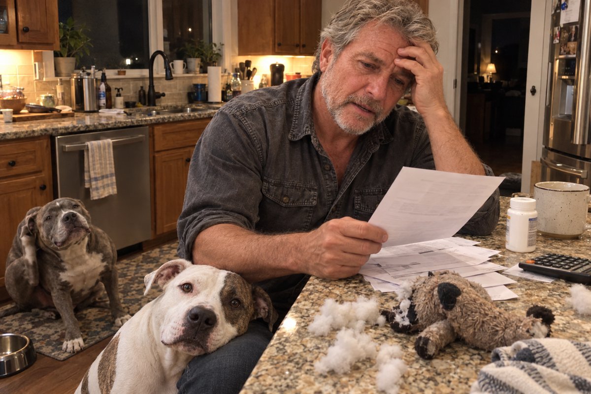 Marcus worried over vet bills in his kitchen with his Pitbulls