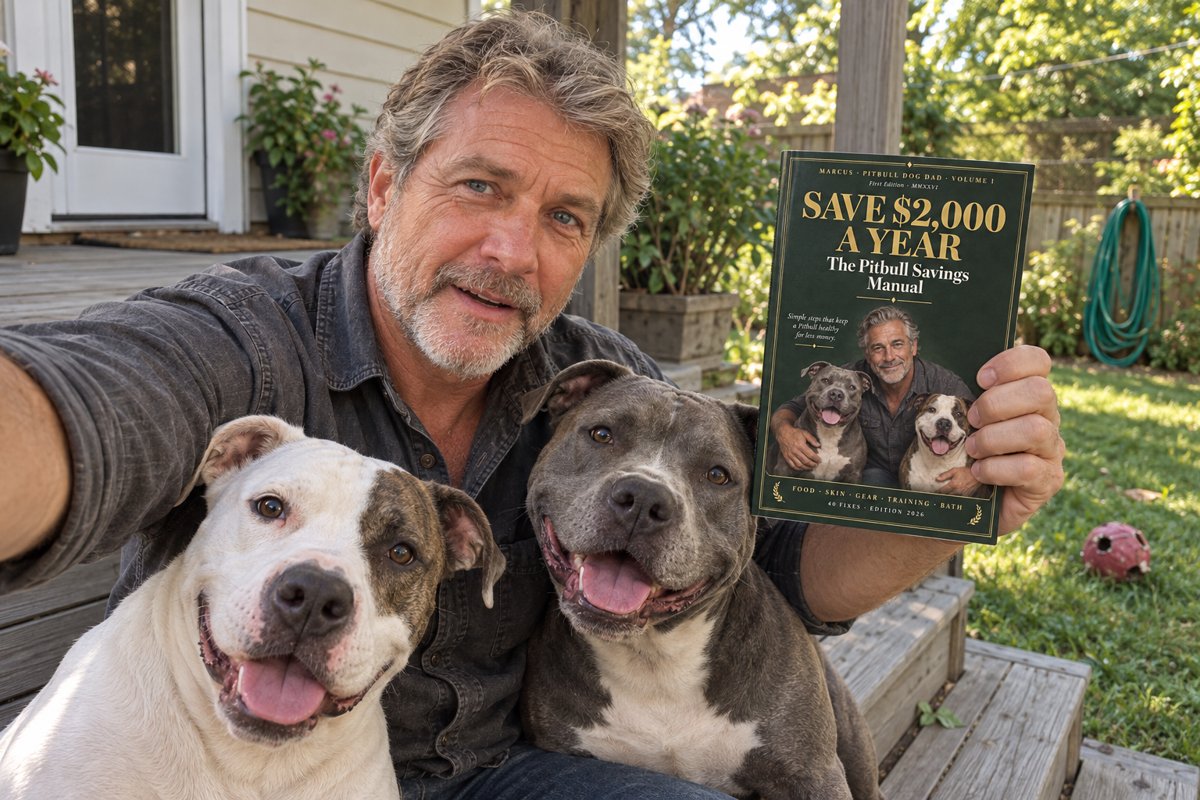 Marcus holding The Pitbull Savings Manual with his dogs